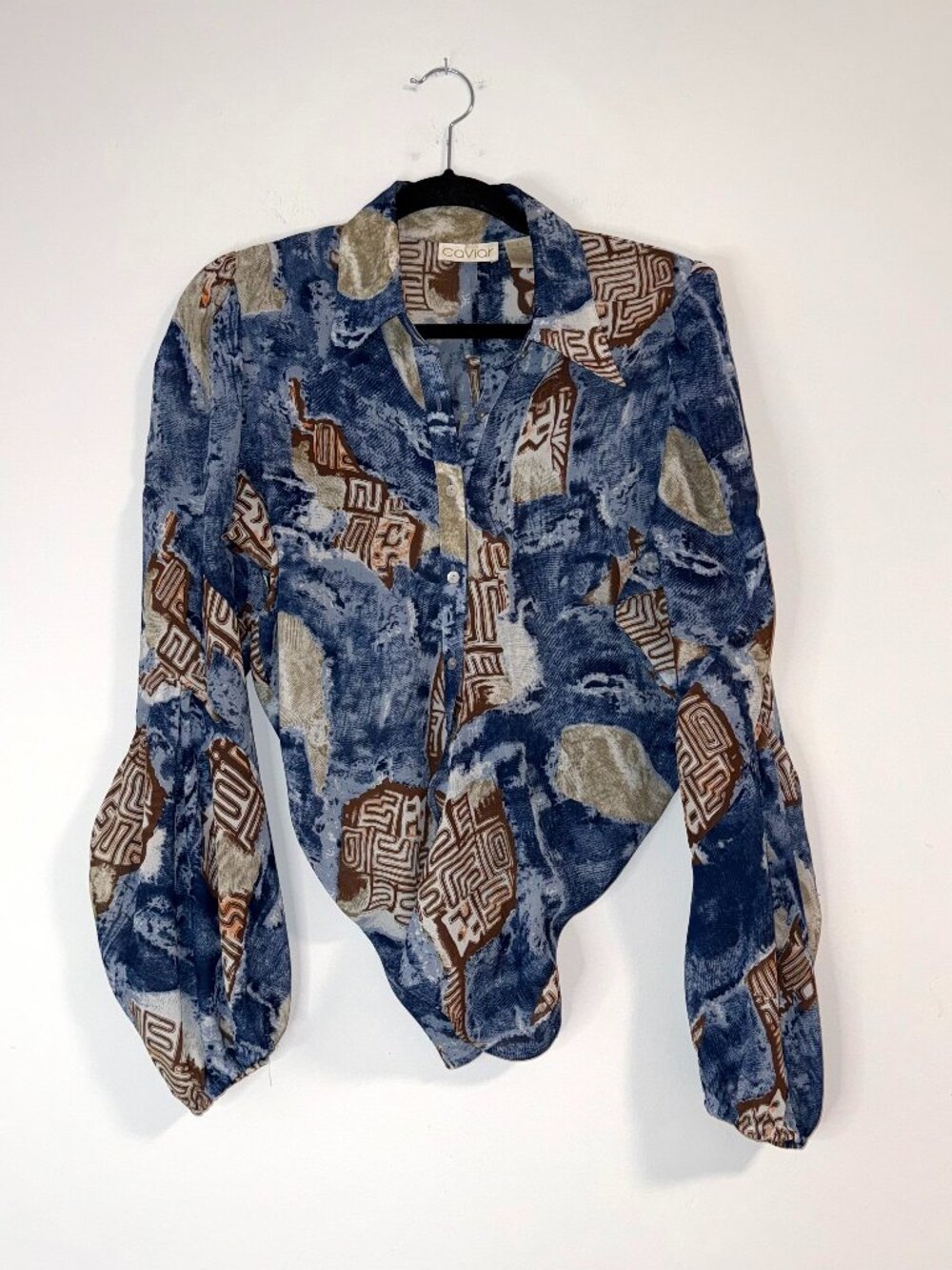 VTG Caviar Sheer Top Convertible Tie Button Blouse Navy Blue Brown Sz L